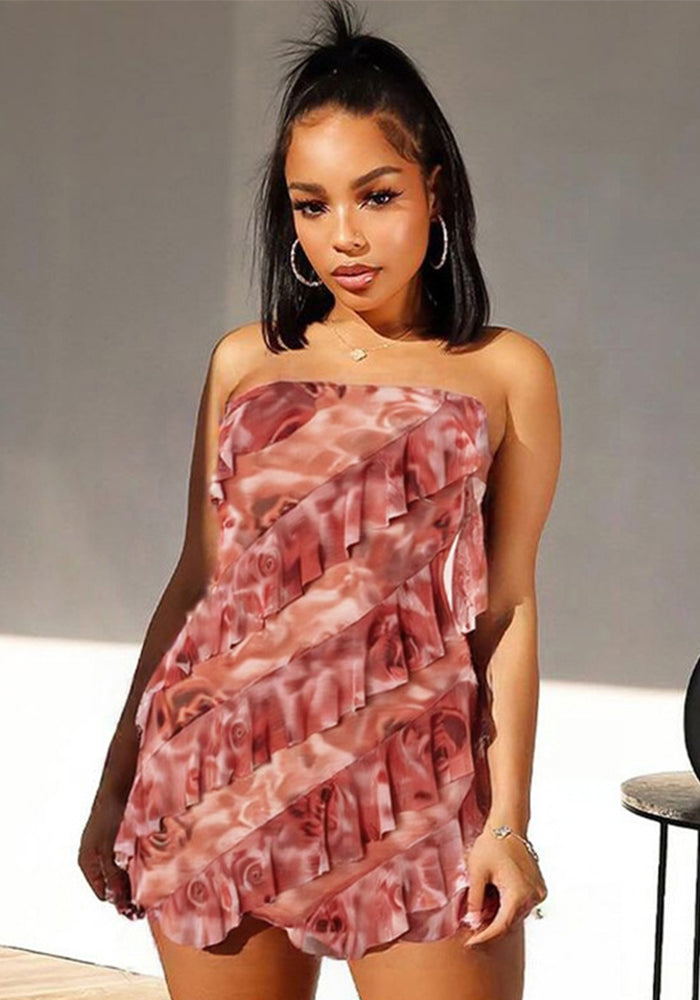 Women's Spring/Summer Flounce Mesh Strapless Mini Rose Print Bodycon Dress