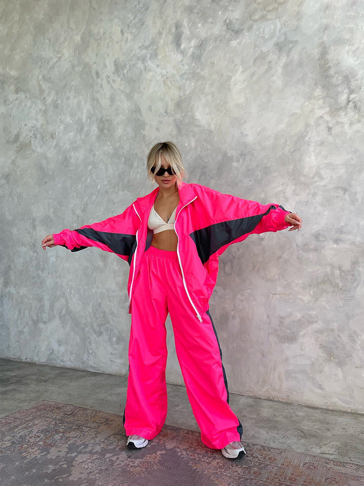 Women's Casual Fashion Loose Color Matching Long Sleeve Zipper Contrast Top and Trousers Sports Two Piece Set 4