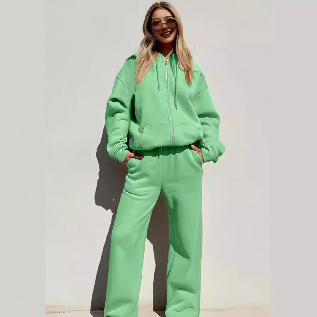 Women Casual Solid Hooded Top and Pant Two Piece Set