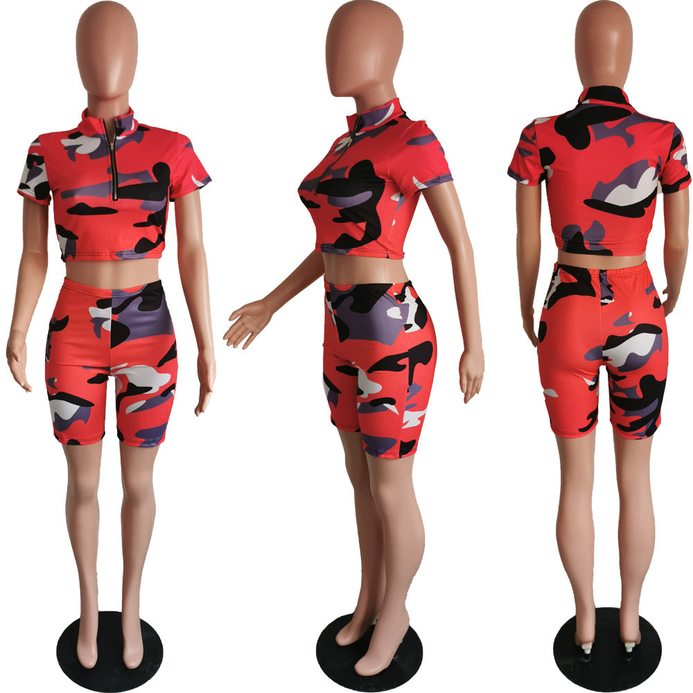 Women's Sexy Camouflage Short Sleeve Zipper High Waist Two-Piece Set 17