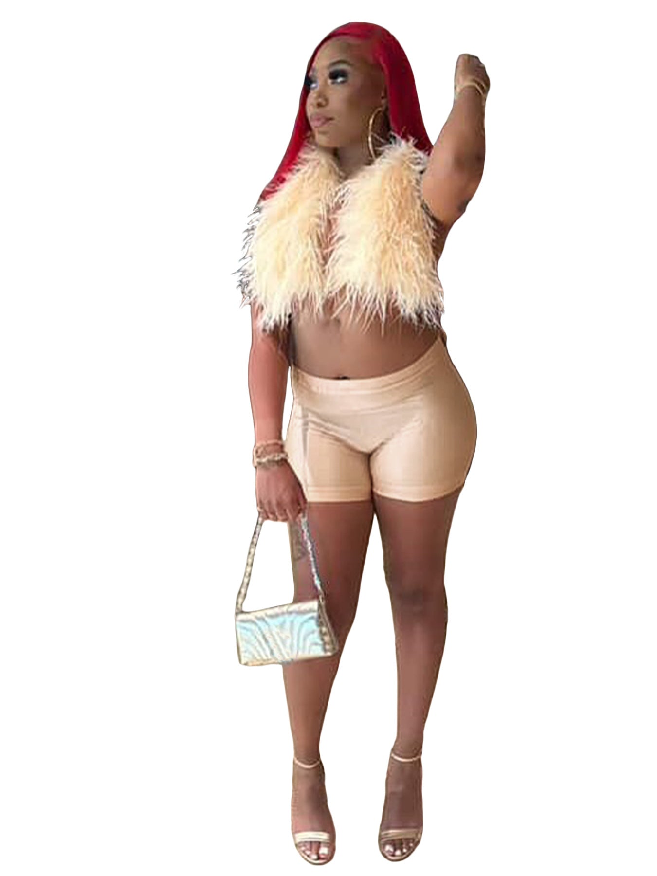 Women sexy nightclub Halter Neck Lace-Up Feather Top and Shorts two-piece set 23