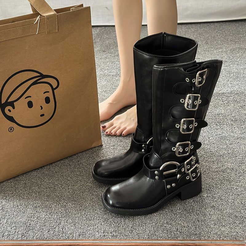 Women's Brown Knee-High Autumn Winter Leather Denim High Shaft Equestrian Boots 11