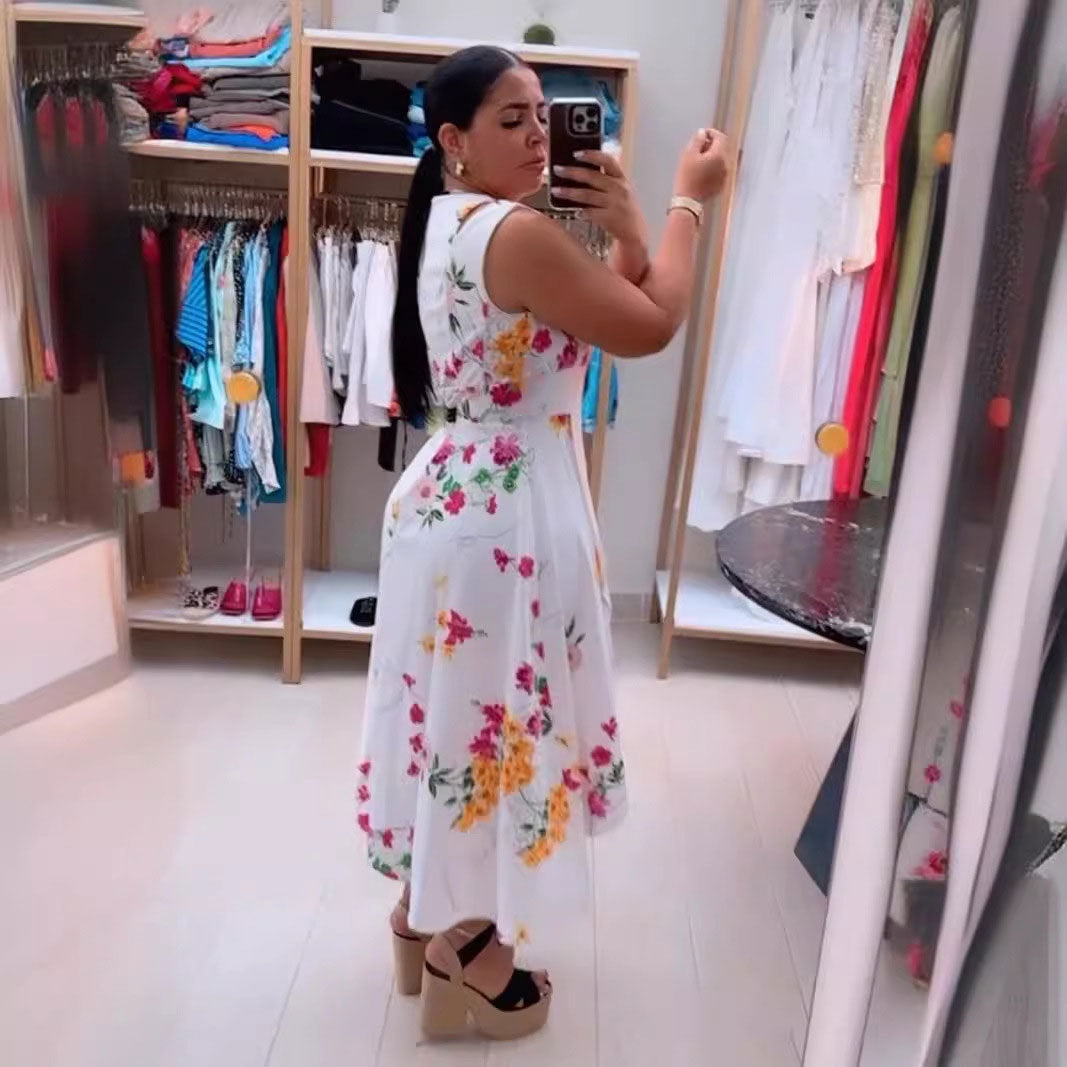 Summer Women Sexy Print V-neck Sleeveless Slit Dress 4