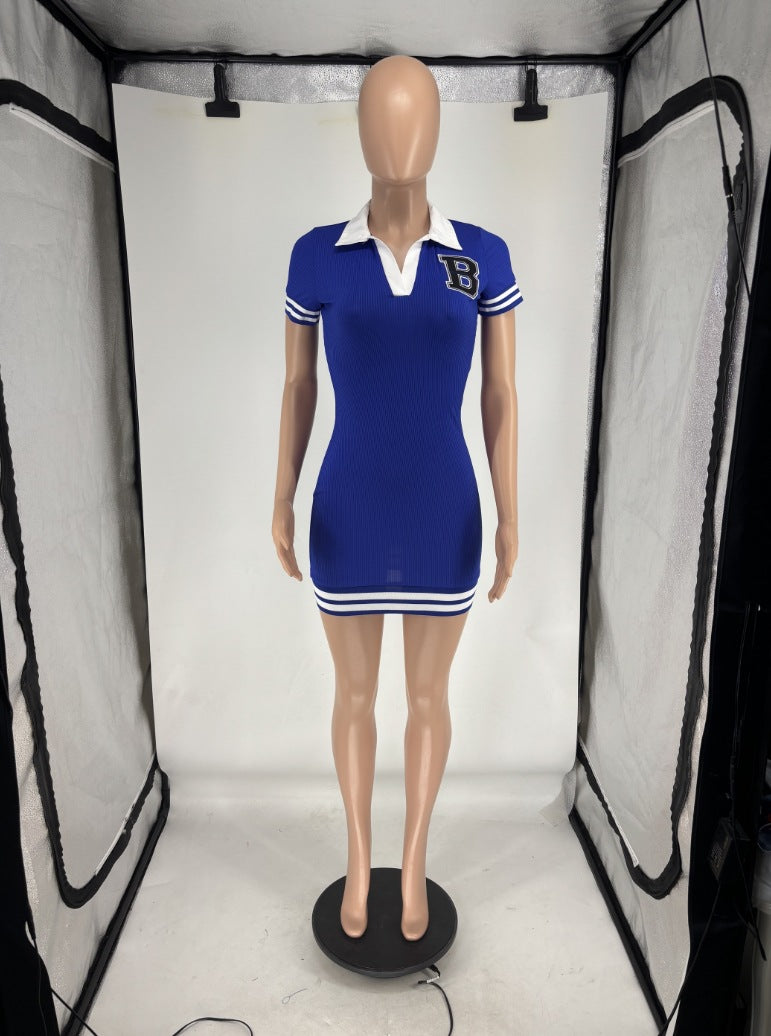 Women Turndown Collar Short Sleeve Ribbed Sexy Dress 13