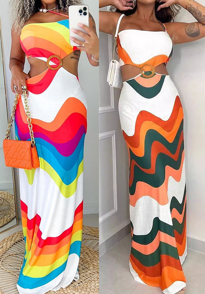 Sexy Printed Patchwork Low Back Hollow Stretch Halter Neck Maxi Dress