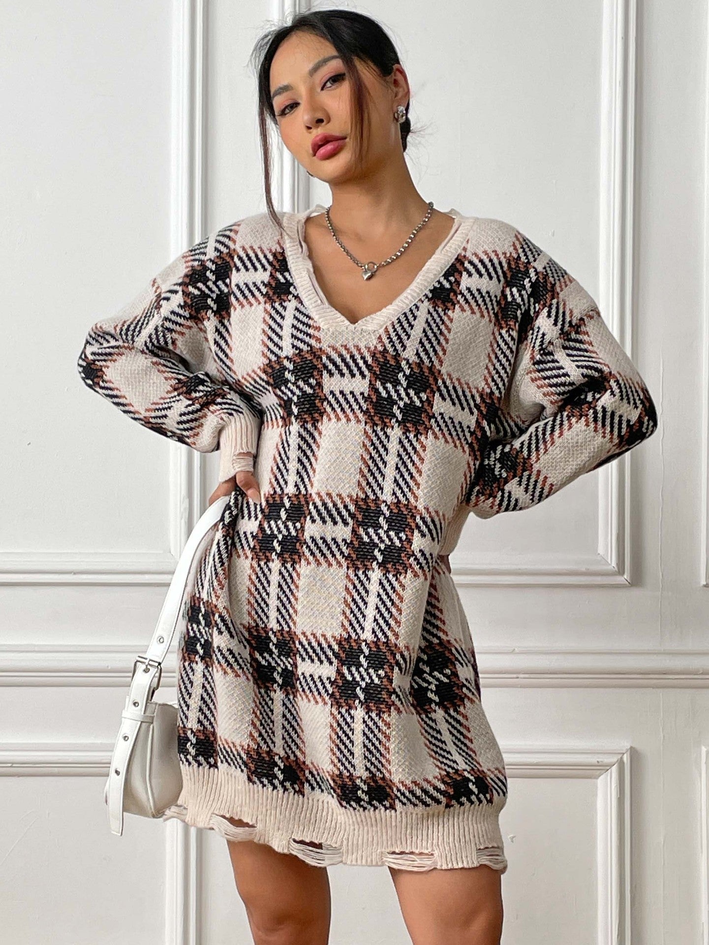 Women Autumn and Winter Contrast Color Patchwork Plaid Long Sleeve Casual Sweater Dress 10