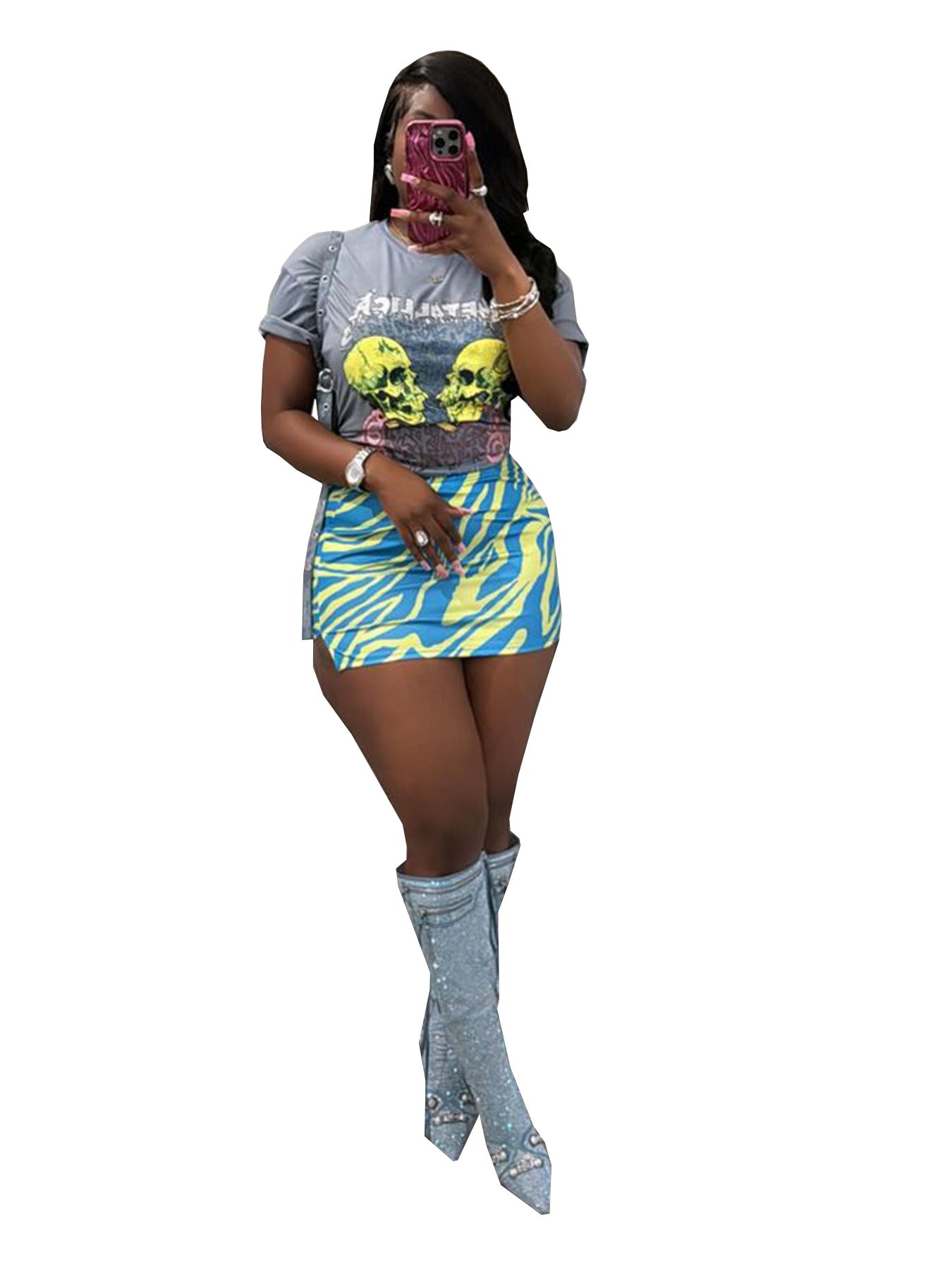 Women's Fashion Printed Short Sleeve Two Piece Skirt Set 3