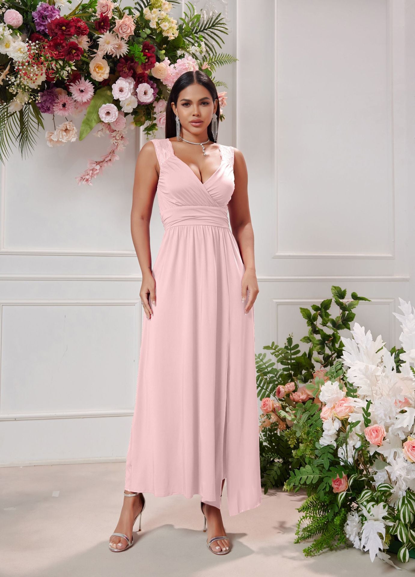 Women Sexy V-neck Sleeveless Lace Slit Dress 5