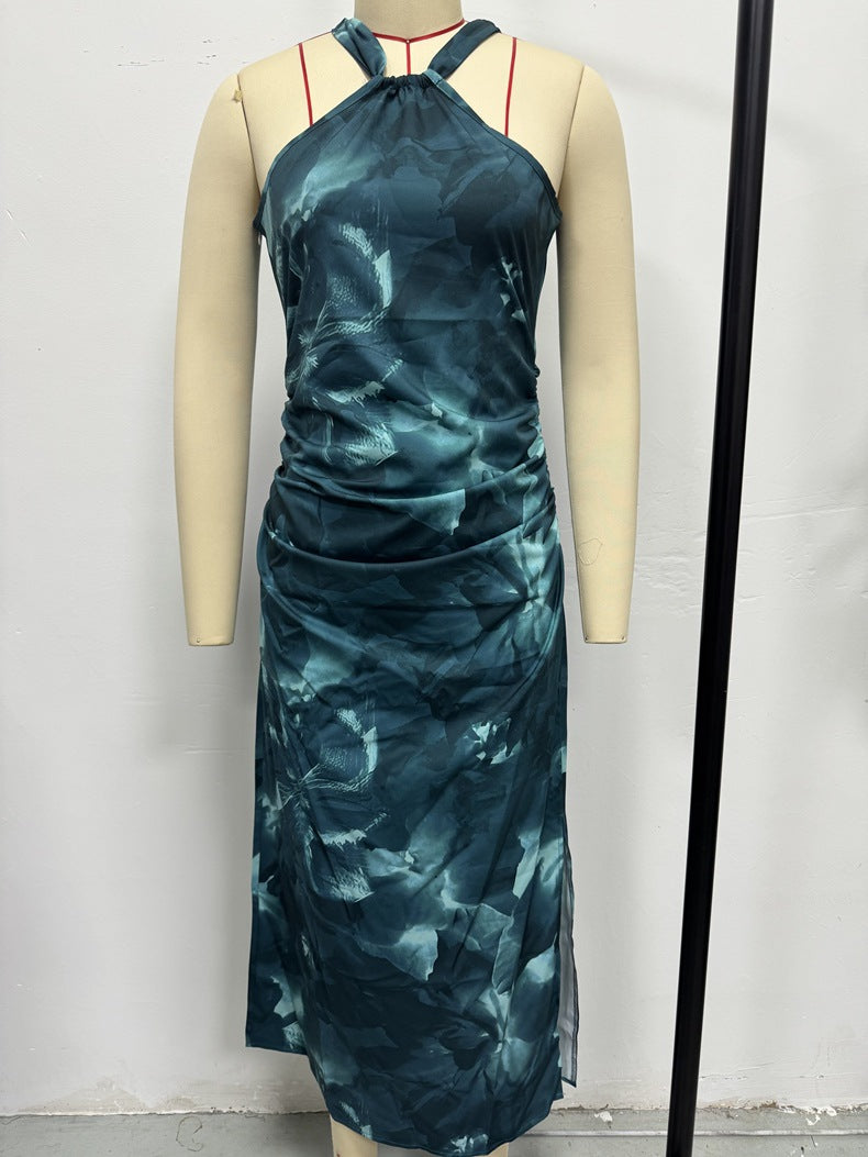 Women Summer Off-shoulder Pleated Slit Casual Maxi Dress 4