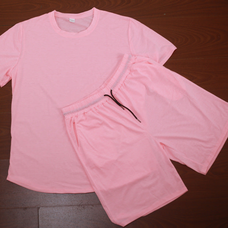 Summer Men'S Solid Color Short-Sleeved T-Shirt Shorts Sports Two Piece Suit 35