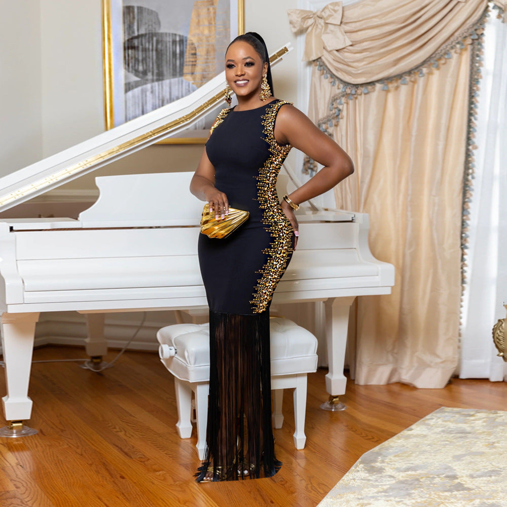 Beaded Round Neck Sleeveless Fringe Bodycon Long Party Dress Sexy Women's Clothing 4