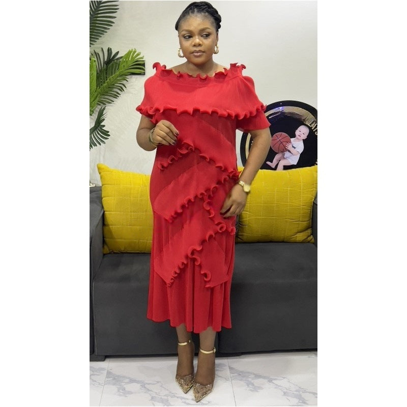 Plus Size African Women Off Shoulder Ruffle Edge Dress 4