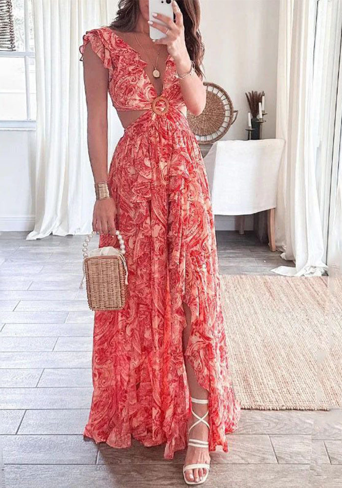Women's Fashion Sexy V-Neck Printed Slit Long Dress