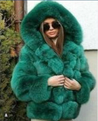 Women Faux Fox Fur With Hood Long Sleeve Jacket 32