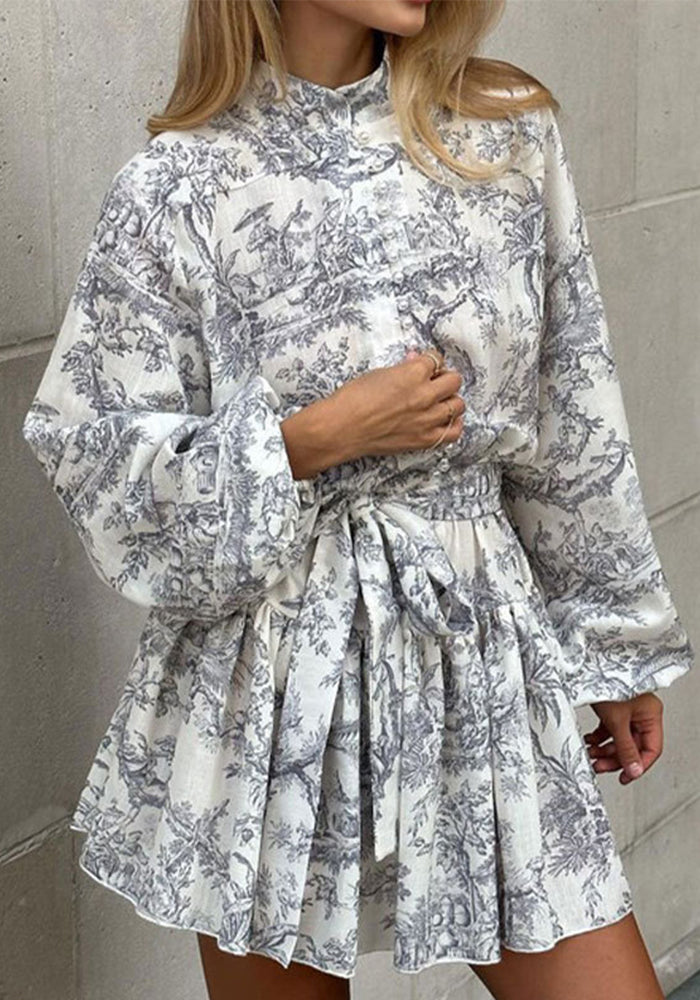 Women Summer Elegant Long-Sleeved Lace-Up Printed Dress