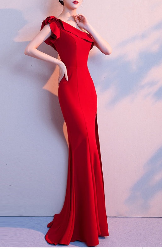 Women Summer Formal One Shoulder Shoulder High Slit Mermaid Evening Dress 27