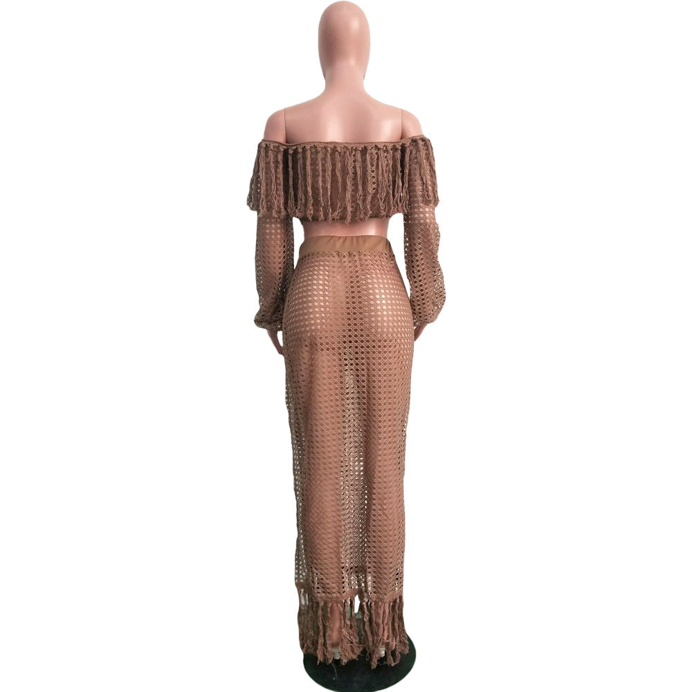 Summer Hollow Sexy Fashion Mesh Tassel See-Through Two-Piece Skirt Set 35