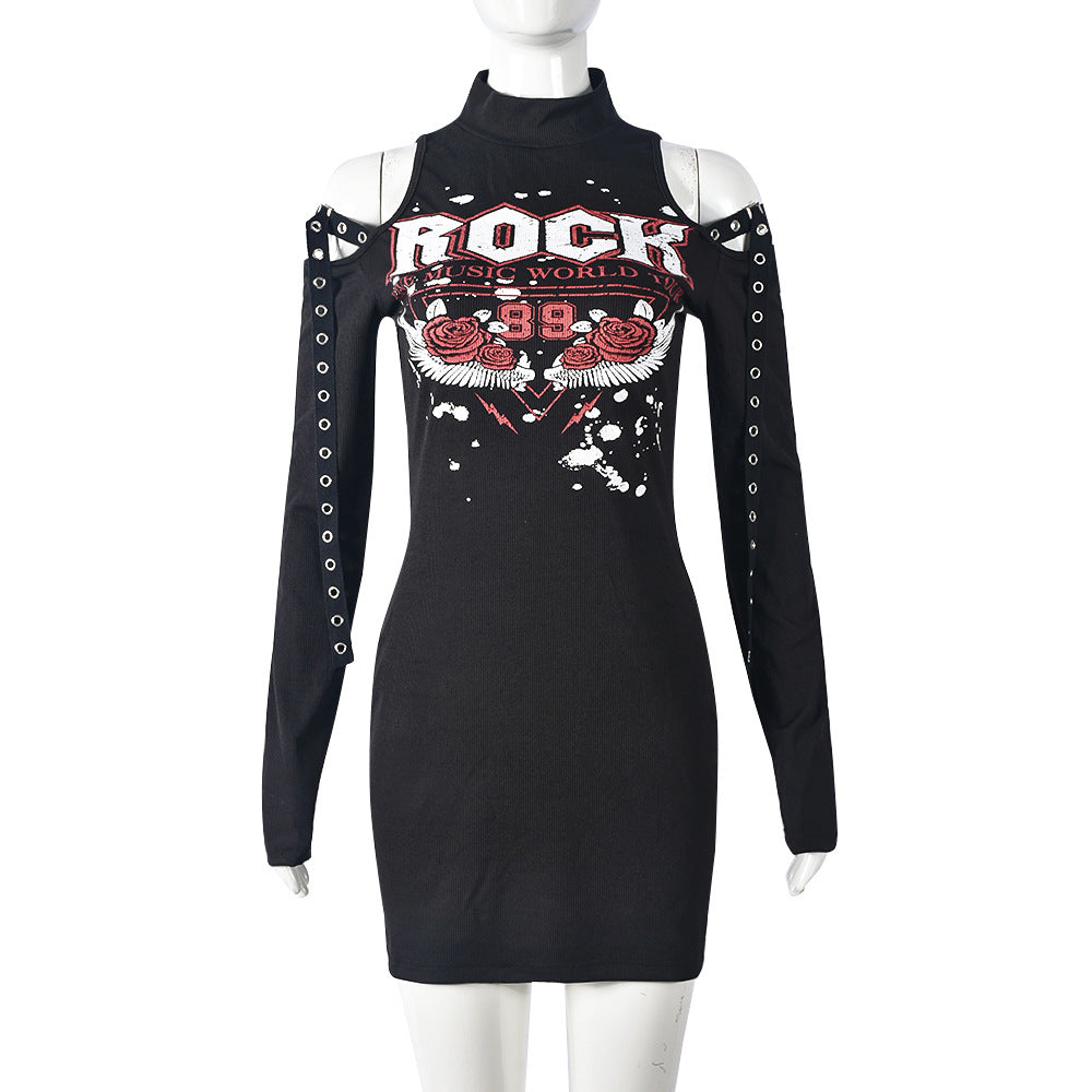 Women Spring Printed Half Turtle Neck Off Shoulder Long Sleeve Dress 9