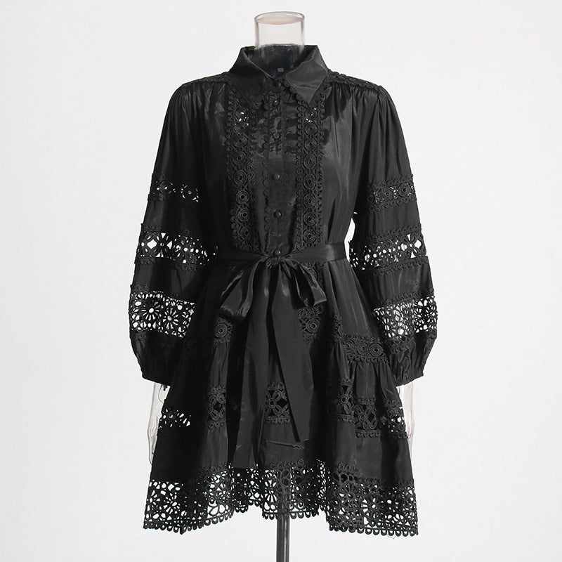 Women's Summer Chic Long Sleeve Hollow Belt Slim Waist Short Dress 15