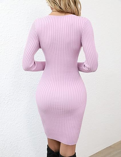 Women Knitting Fall and Winter Long Sleeve Bodycon V Neck Basic Sweater Dress 15