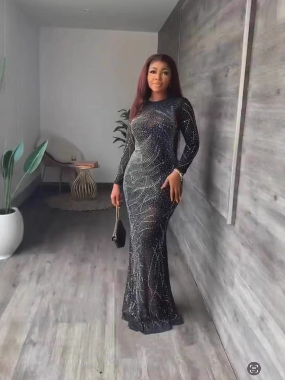 Women Long-Sleeved See-Through Mesh Beaded Sexy Bodycon Dress 4