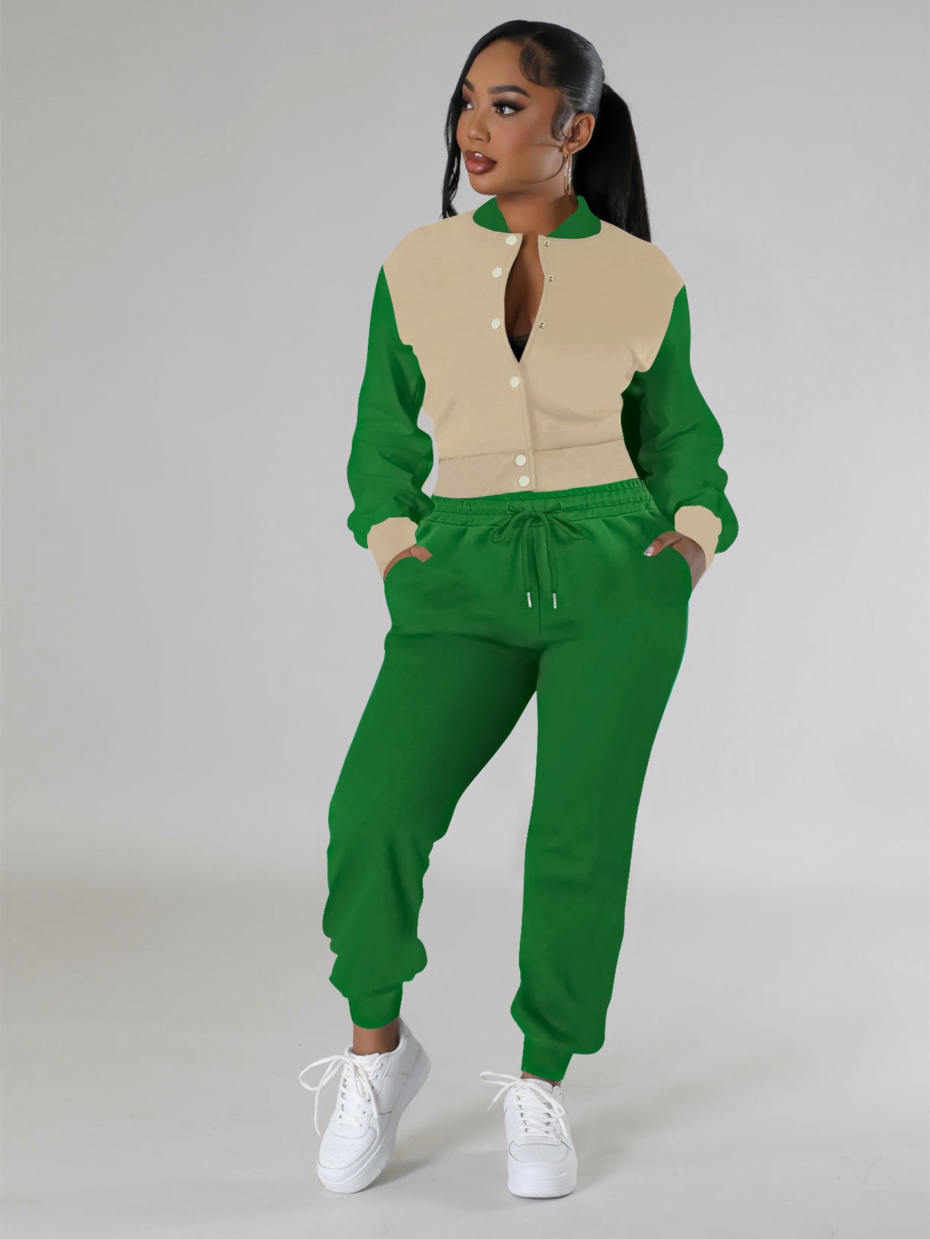 Women Patchwork Baseball Jacket and Pants Two-piece Set 5