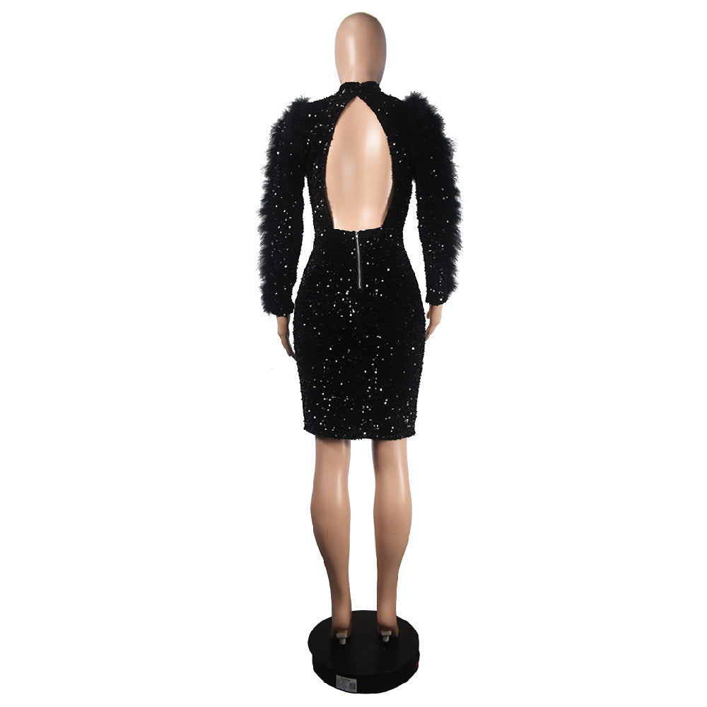 Women Cutout Long Sleeve Feather Sequin Bodycon Dress 17