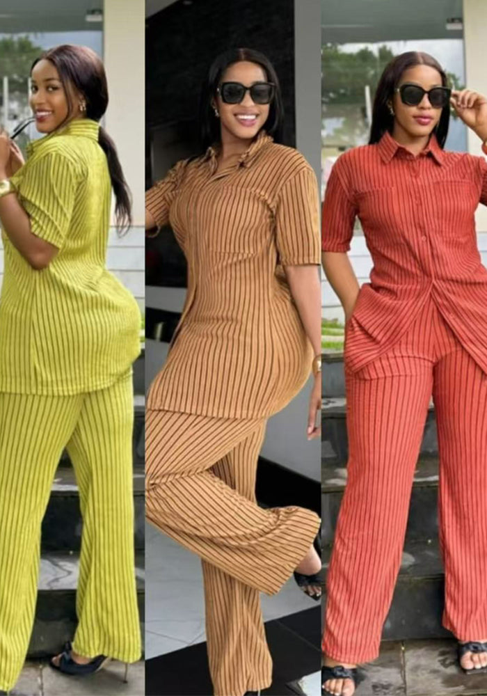 Women Vertical Striped Top and Pants 2-piece Set