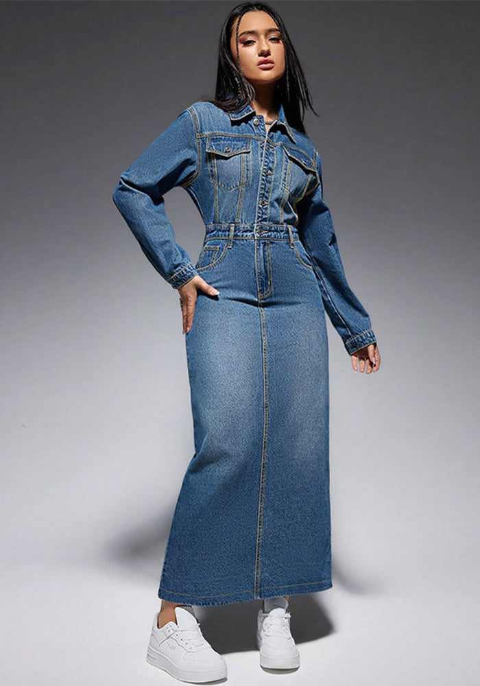 Women's Long Sleeve Turndown Collar Denim Button Slit Long Dress