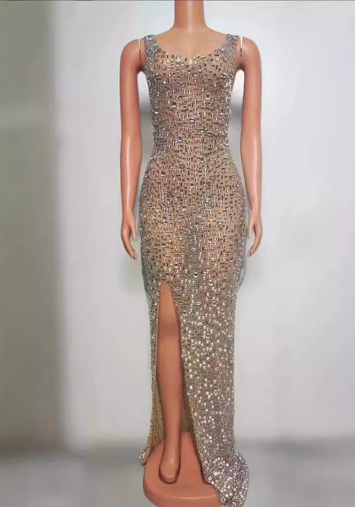Women sexy party leg-revealing sparkling rhinestone evening dress