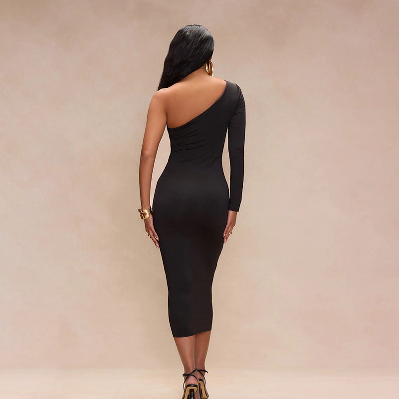 Women Sexy Hollow Tube Slash Shoulder One-shoulder Sleeve Bodycon Dress 3