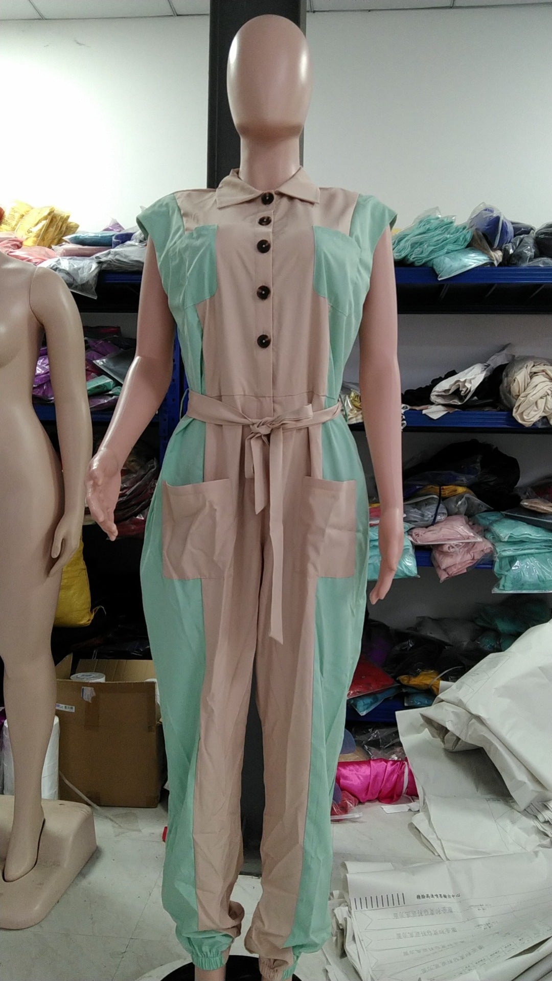 Women's Color Matching Fashion Turndown Collar Button Belt Jumpsuit 4