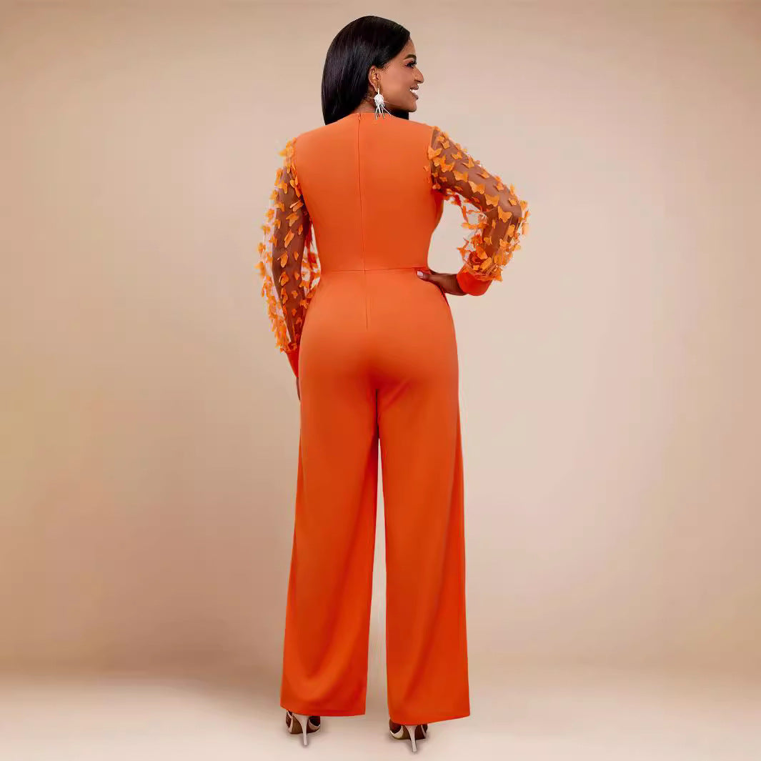 Women See-Through Lantern Sleeve Formal Party Jumpsuits