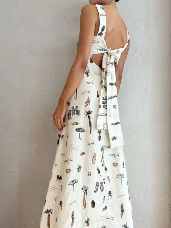 Bow Lace-Up Summer Women's Printed Strap Casual Long Dress 3