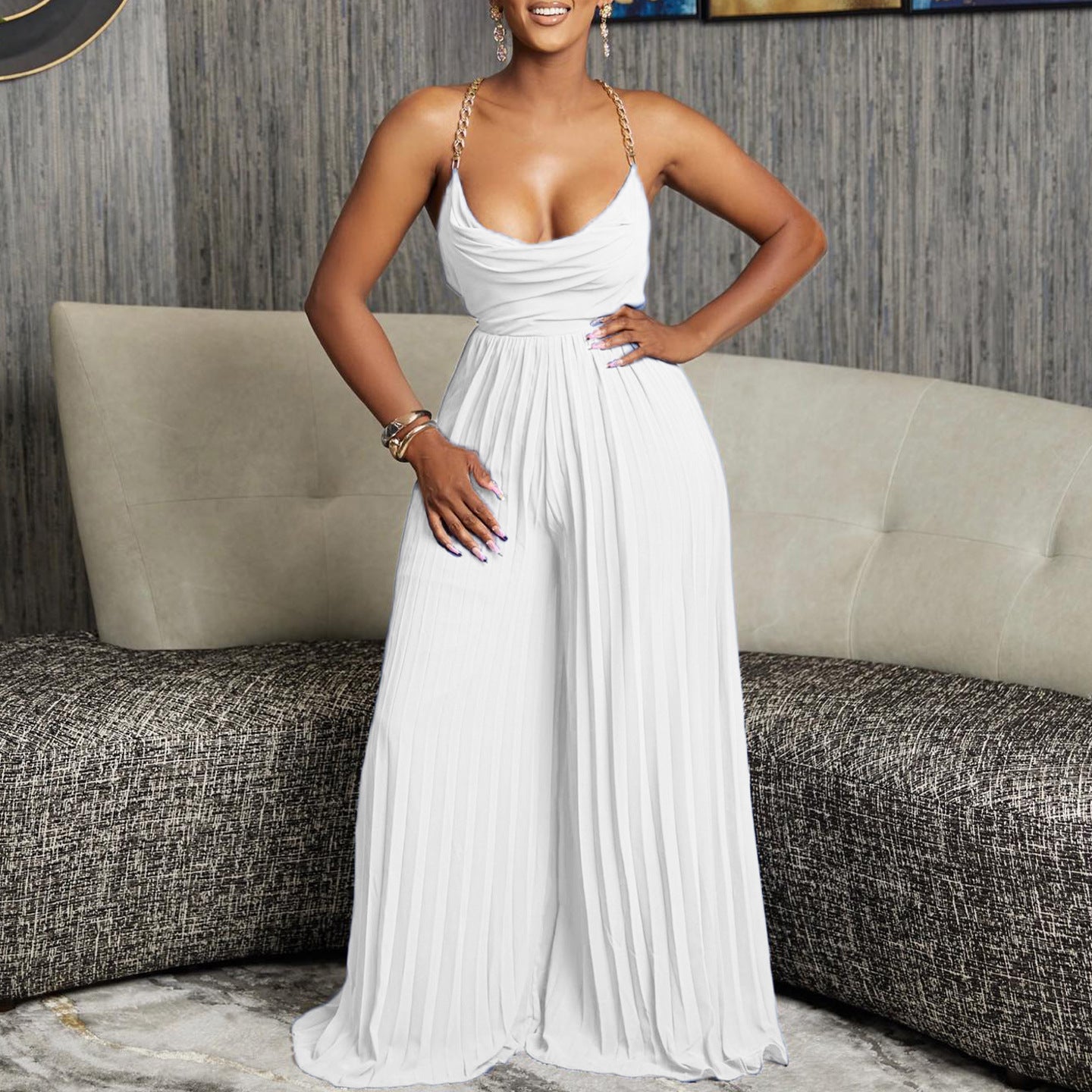 Summer Fashion Sexy Chain Halter Neck Sexy Low Back High Waist Wide Leg Pleated Jumpsuit 3