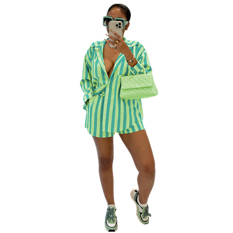 Women Casual striped shirt and Lace-Up shorts two-piece set 5