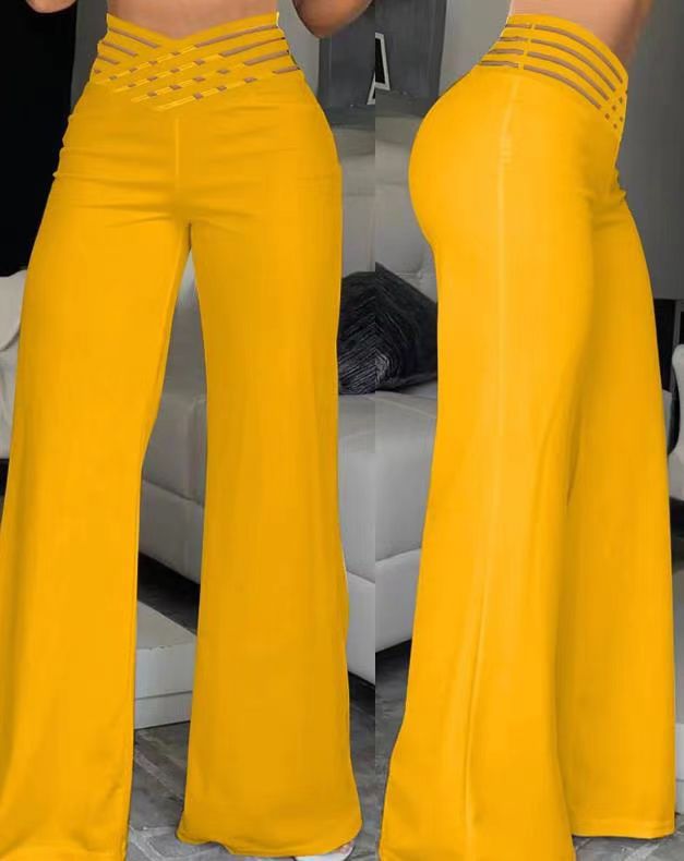 Women Cutout Belt High Waist Casual Wide Leg Pants 9