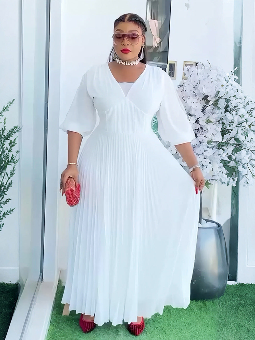 Plus Size African Women elegant v-neck pleated dress 8
