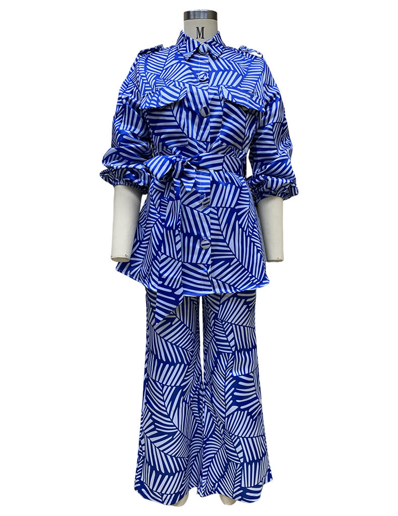 Spring Women's Printed Blouse Belt Button Top Straight Leg Trousers Set 11