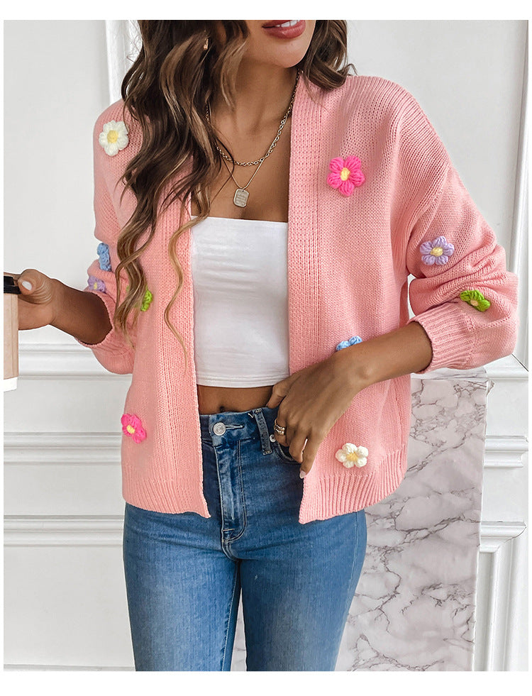 Flower Sweet Knitting Cardigan Sweater Jacket For Women Lazy Style Casual Loose Sweater 13