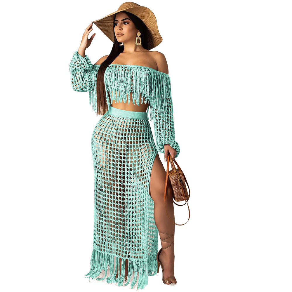 Summer Hollow Sexy Fashion Mesh Tassel See-Through Two-Piece Skirt Set 51