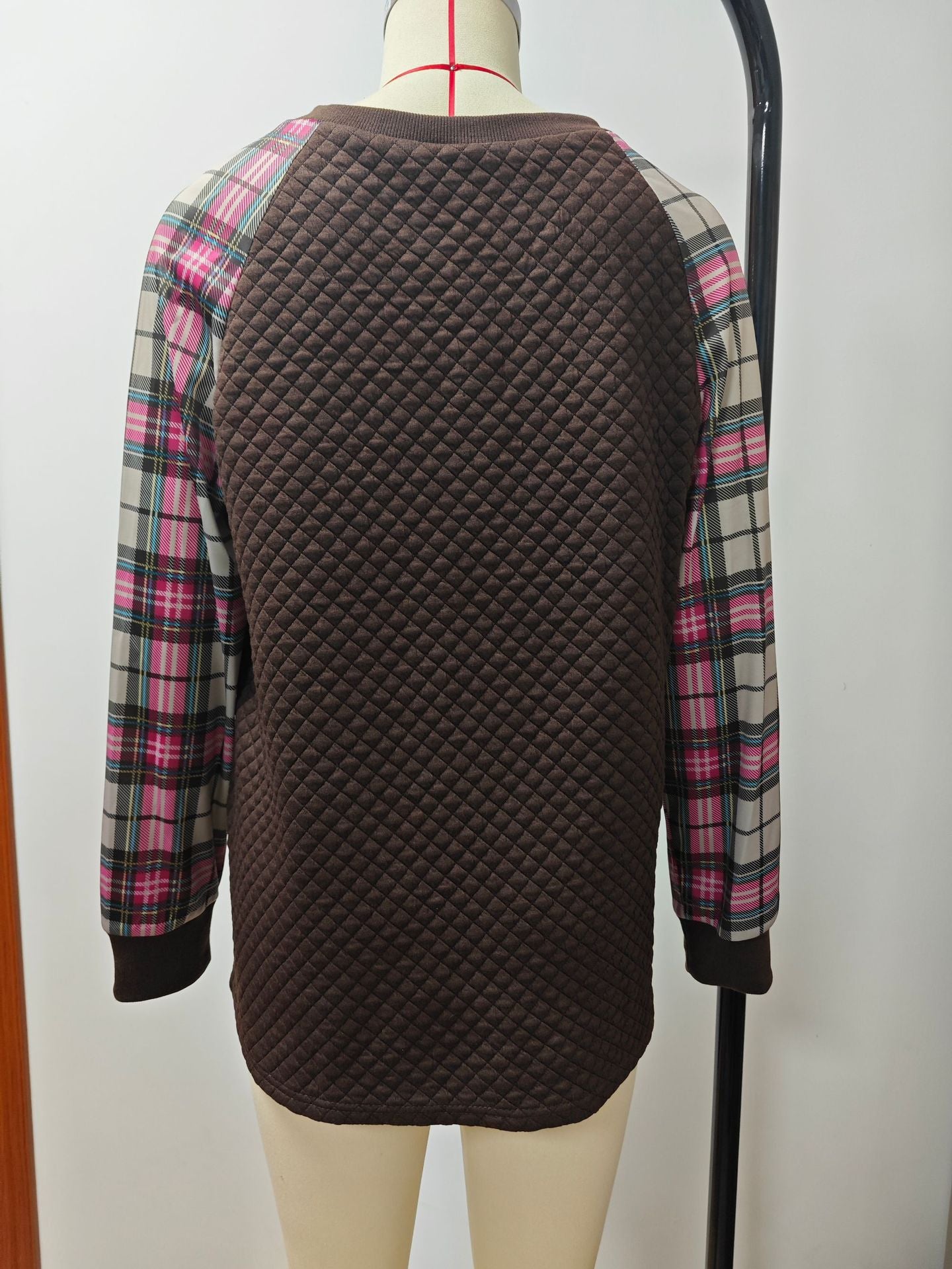 Women Diamond Check Patchwork Long Sleeve Round Neck Casual Top 8
