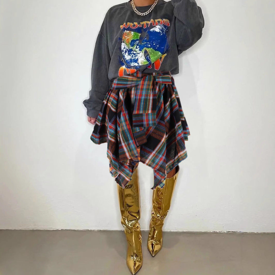 Women Style Patchwork Irregular Plaid Skirt 6