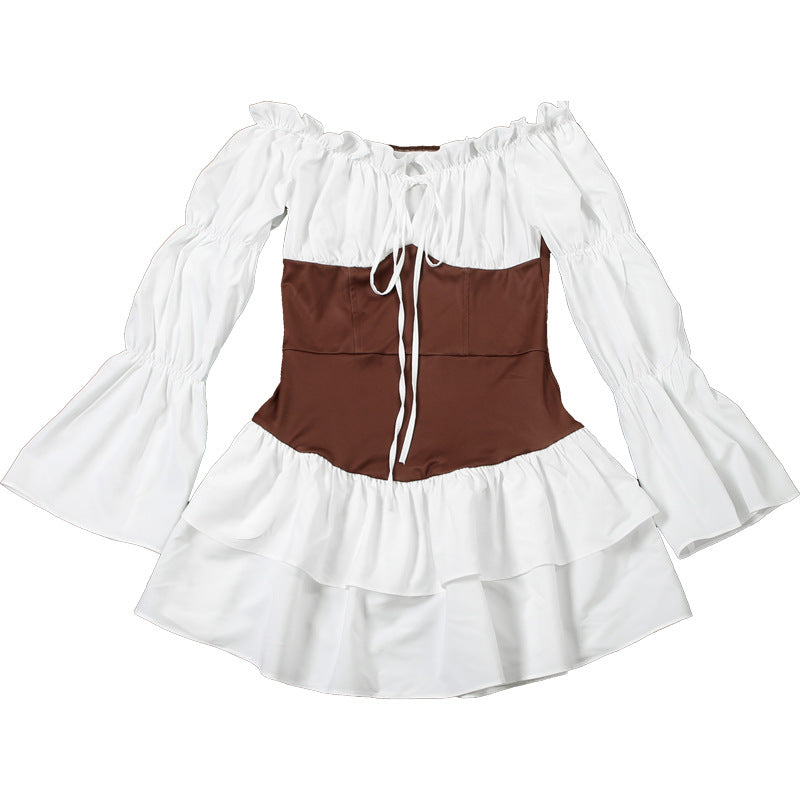 Autumn Women's Sexy Color Block Off Shoulder Puff Sleeve Slim Waist Casual Dress 13