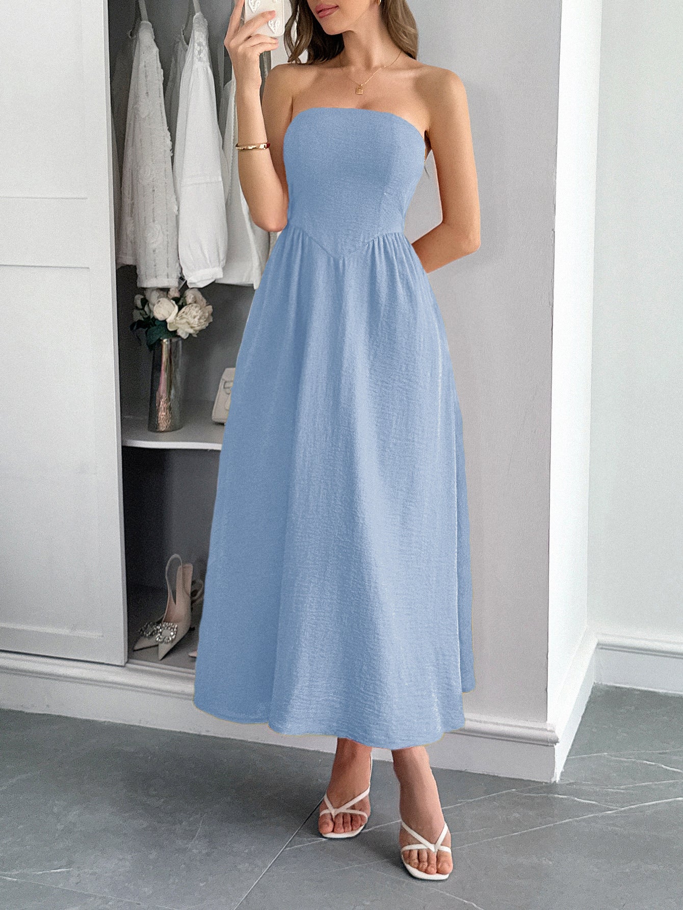 Spring/Summer Women's Elegant Holidays Strapless Slim Waist Long Dress 8