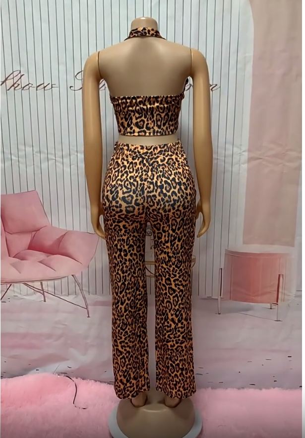 Fashion Leopard Print Sexy Sleeveless Two Piece Loose Pants Set 6