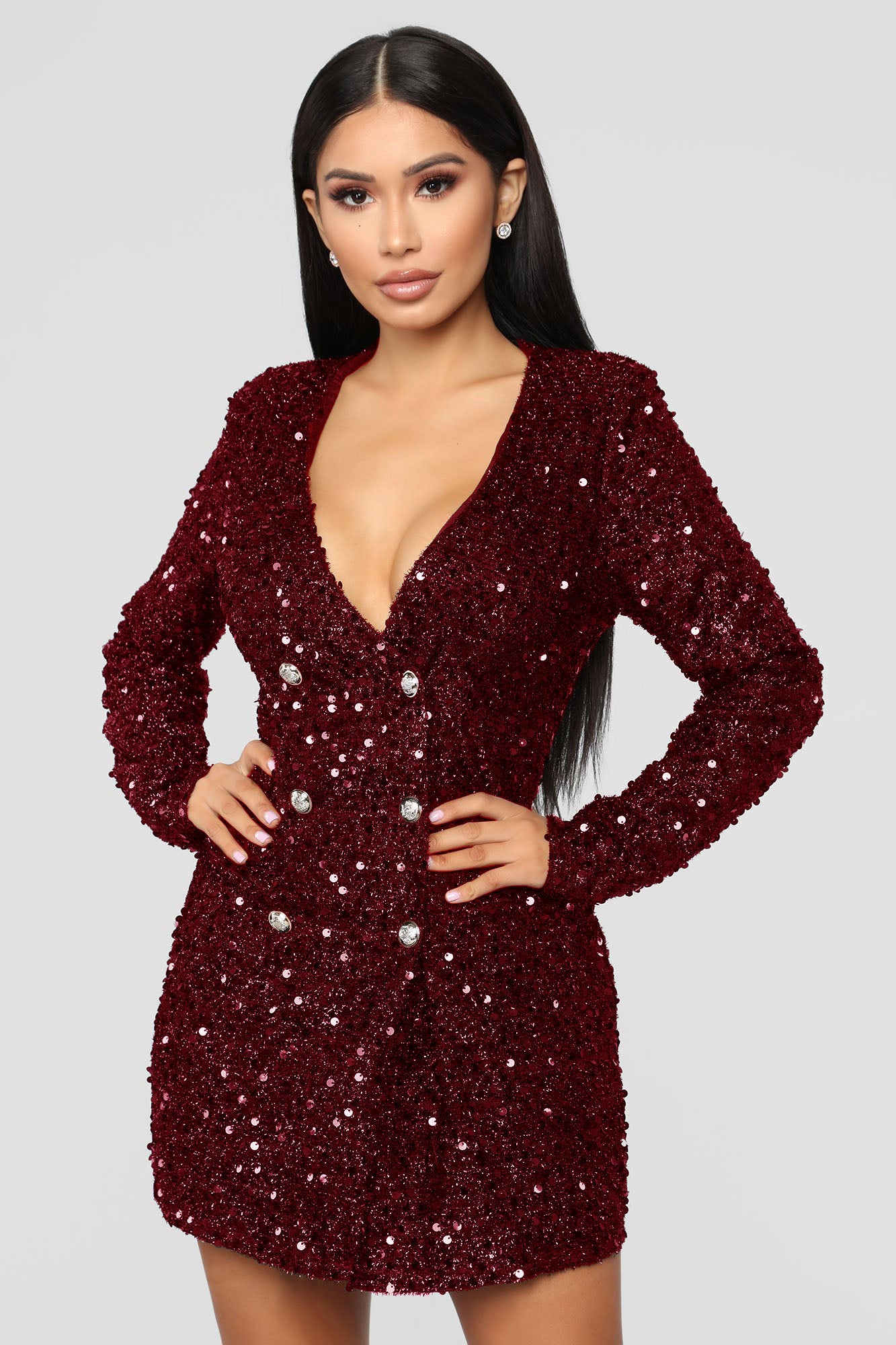 Women Sexy Black Sequins double breasted long sleeve career dress 4