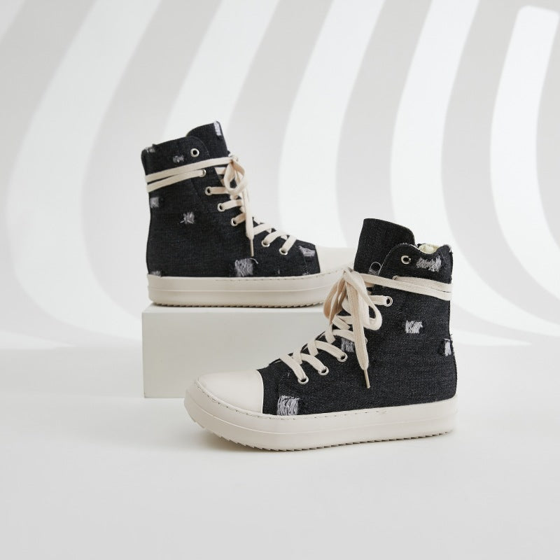 Platform Canvas Shoes Women's Washed Couple High-Top Shoes Ripped Denim Style Trendy Shoes For Men 3