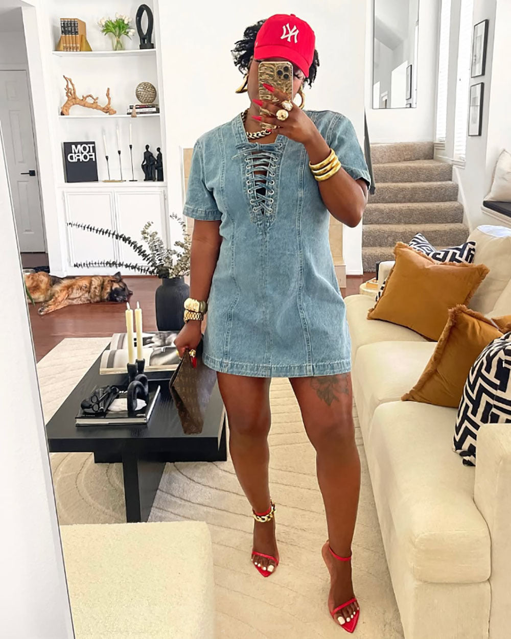 Women's Summer Street Fashion Lace-up Short-Sleeved Denim Dress
