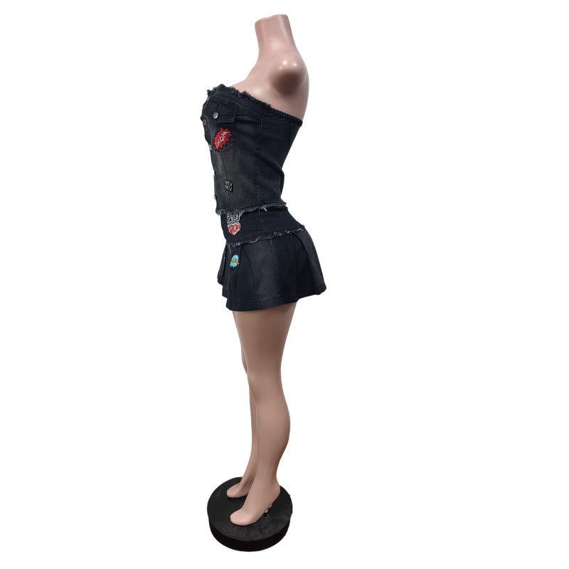 Women Stretchy Embroidered Strapless Top and Pleated Skirt Two-Piece Set 5